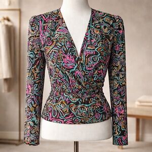 Vintage Flora Kung Abstract Print Wrap Silk Blouse